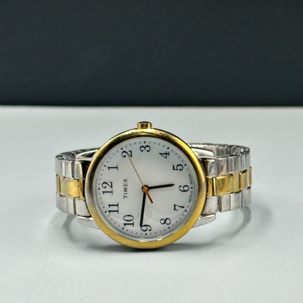 3/$30 Timex Watch Women Silver Gold Two Tone Stretch Band White Dial New Battery - Picture 7 of 14